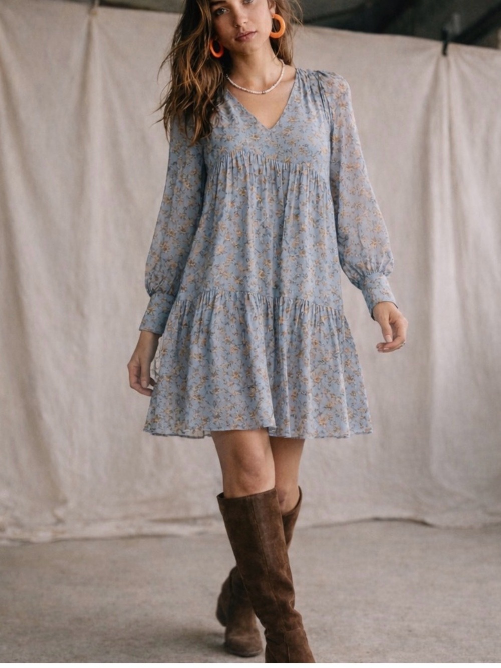 Sézane Aurena Dress Vintage Blue Praire FR 46/US 14 Floral Mini Romantic Boho - Picture 2 of 16